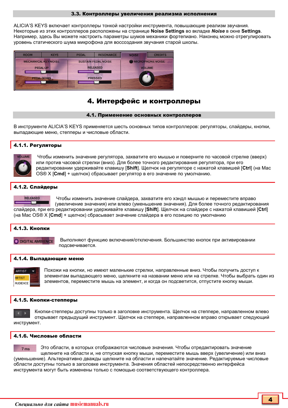 Musicmanuals.ru, Интерфейс и контроллеры
