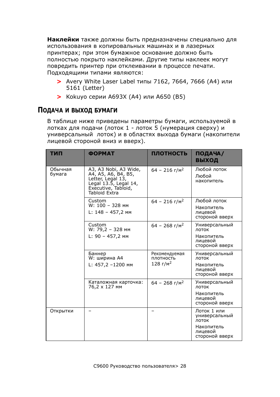 Подача и выход бумаги, Одача, Выход