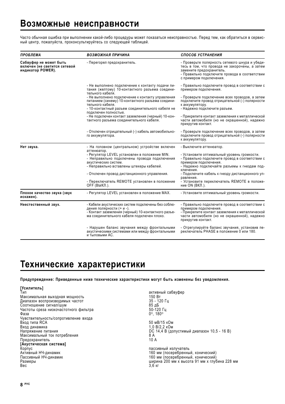Возможные неисправности, Технические характеристики