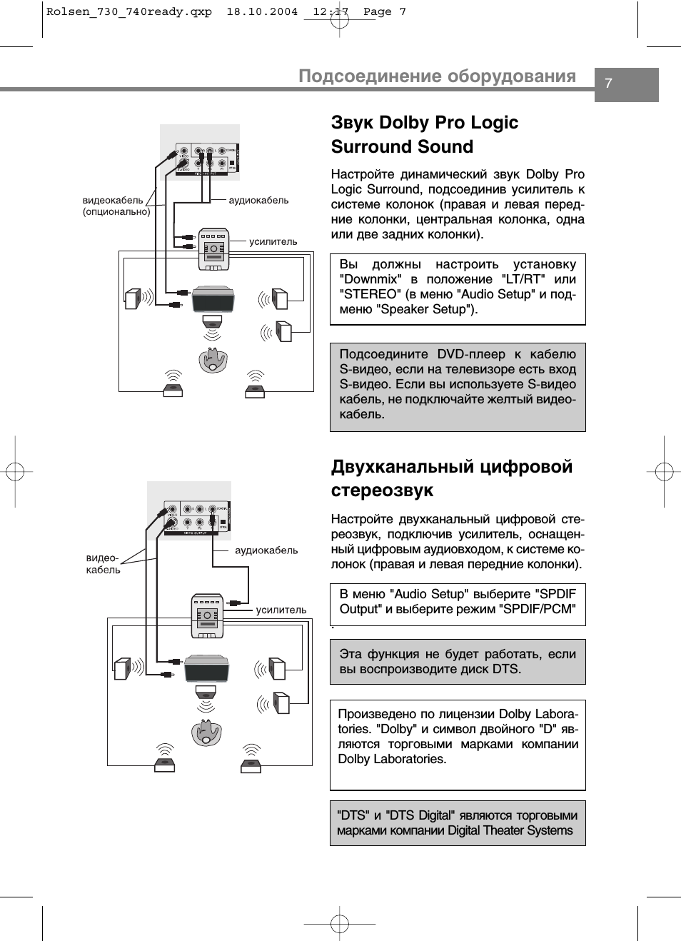 Звук dolby pro logic surround sound, Двухканальный цифровой стереозвук, Подсоединение оборудования