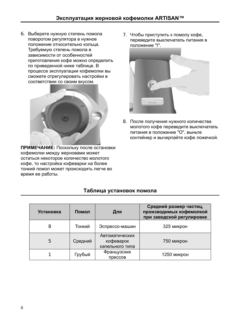 Эксплуатация жерновой кофемолки artisan, Таблица установок помола