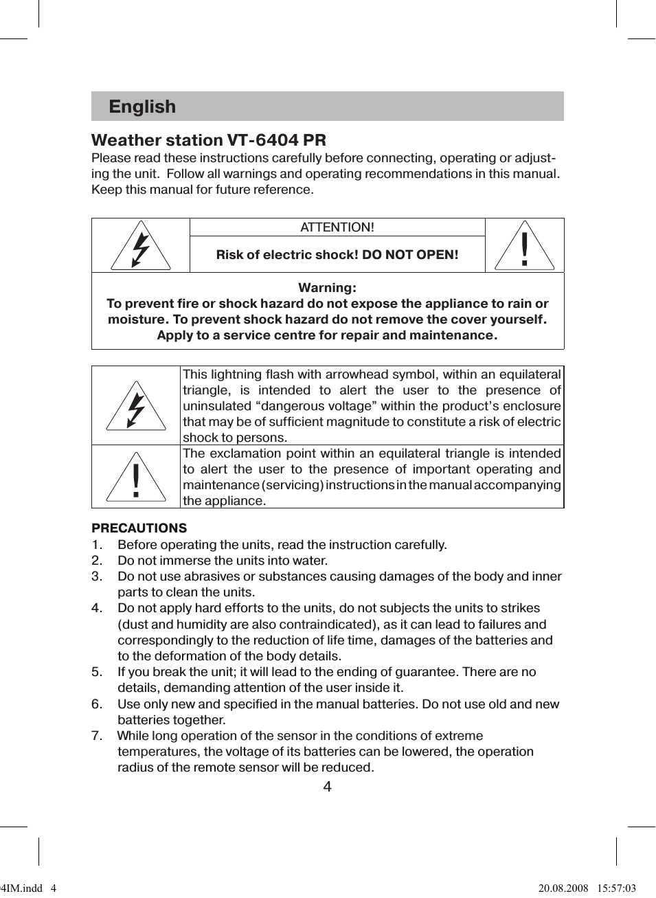 English, Weather station vt-6404 pr