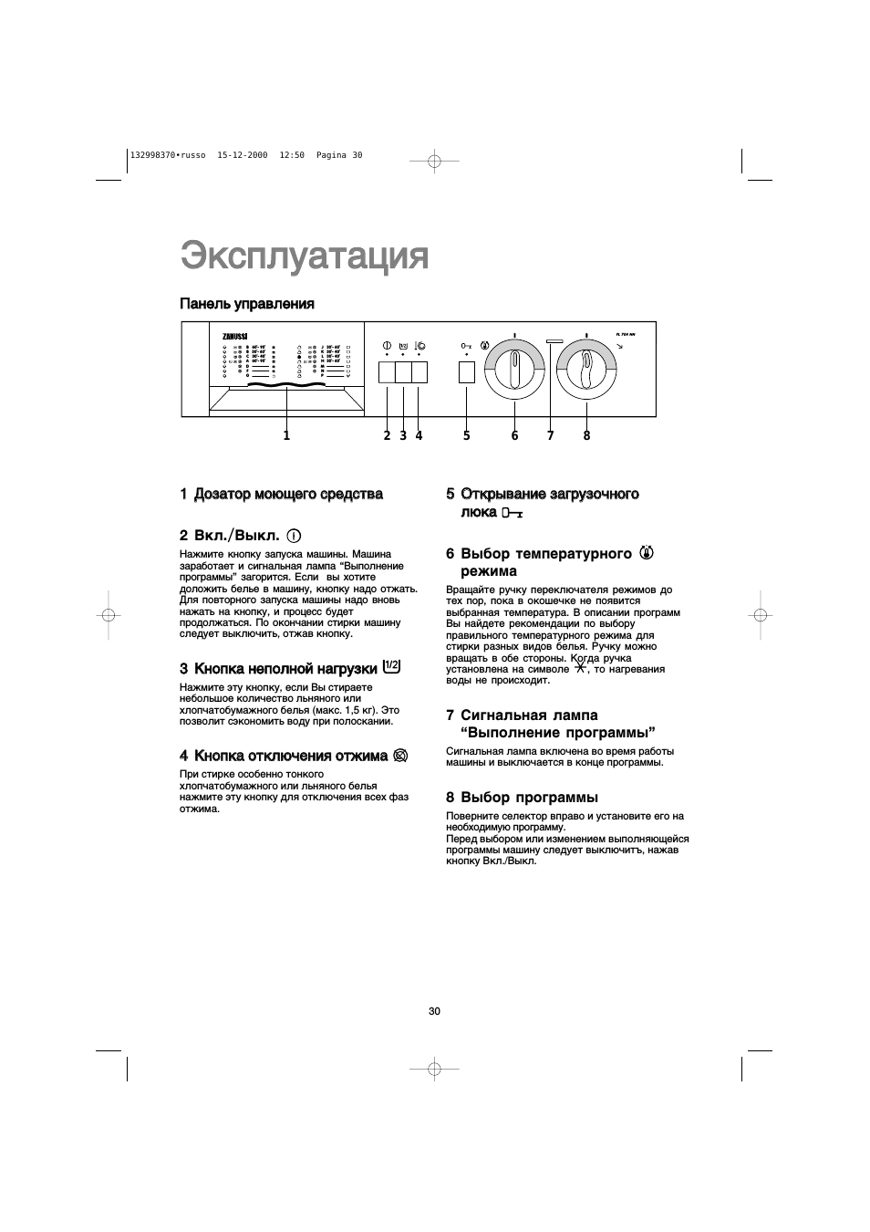 Панель управления, 1 дозатор моющего средства, 2 вкл./выкл. 0