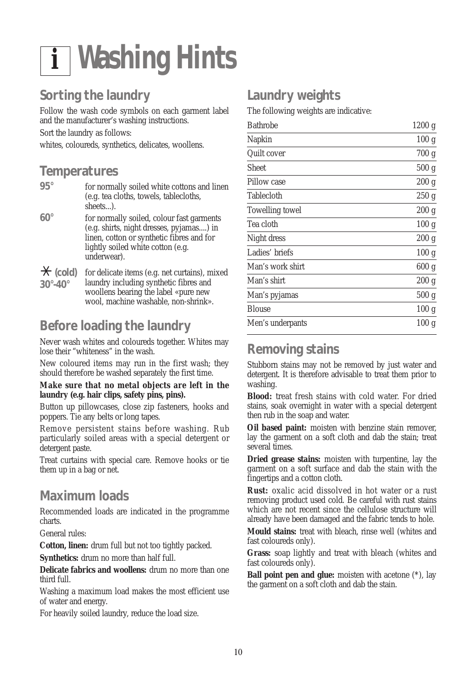 Washing hints, Sorting the laundry, Temperatures