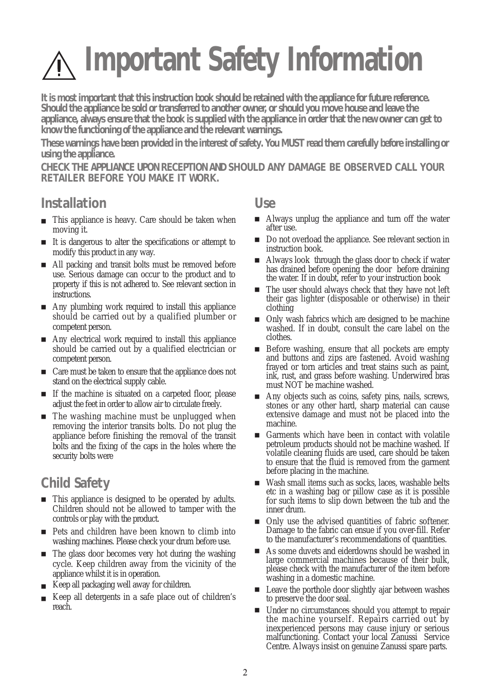 Important safety information, Installation, Child safety