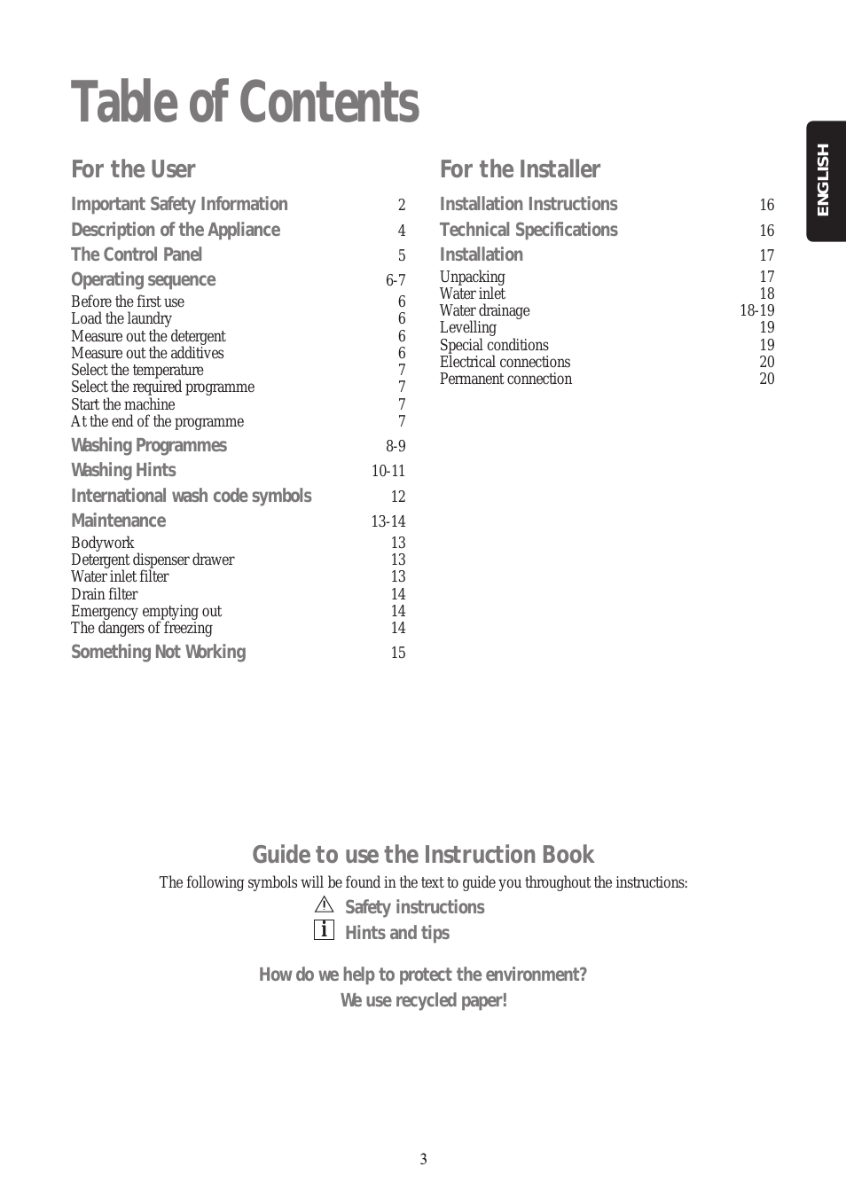 Table of Contents For the User Important Safety Information...