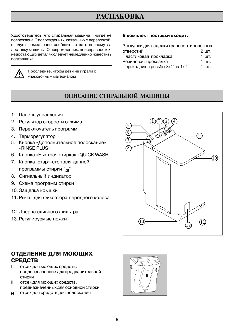 Распаковка, Описание стиральной машины, Отделение для моющих средств