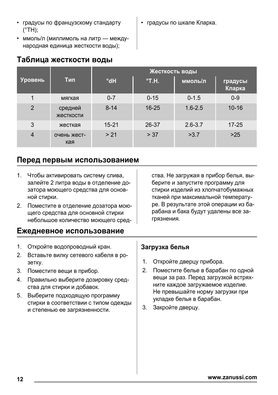 Таблица жесткости воды, Перед первым использованием, Ежедневное использование