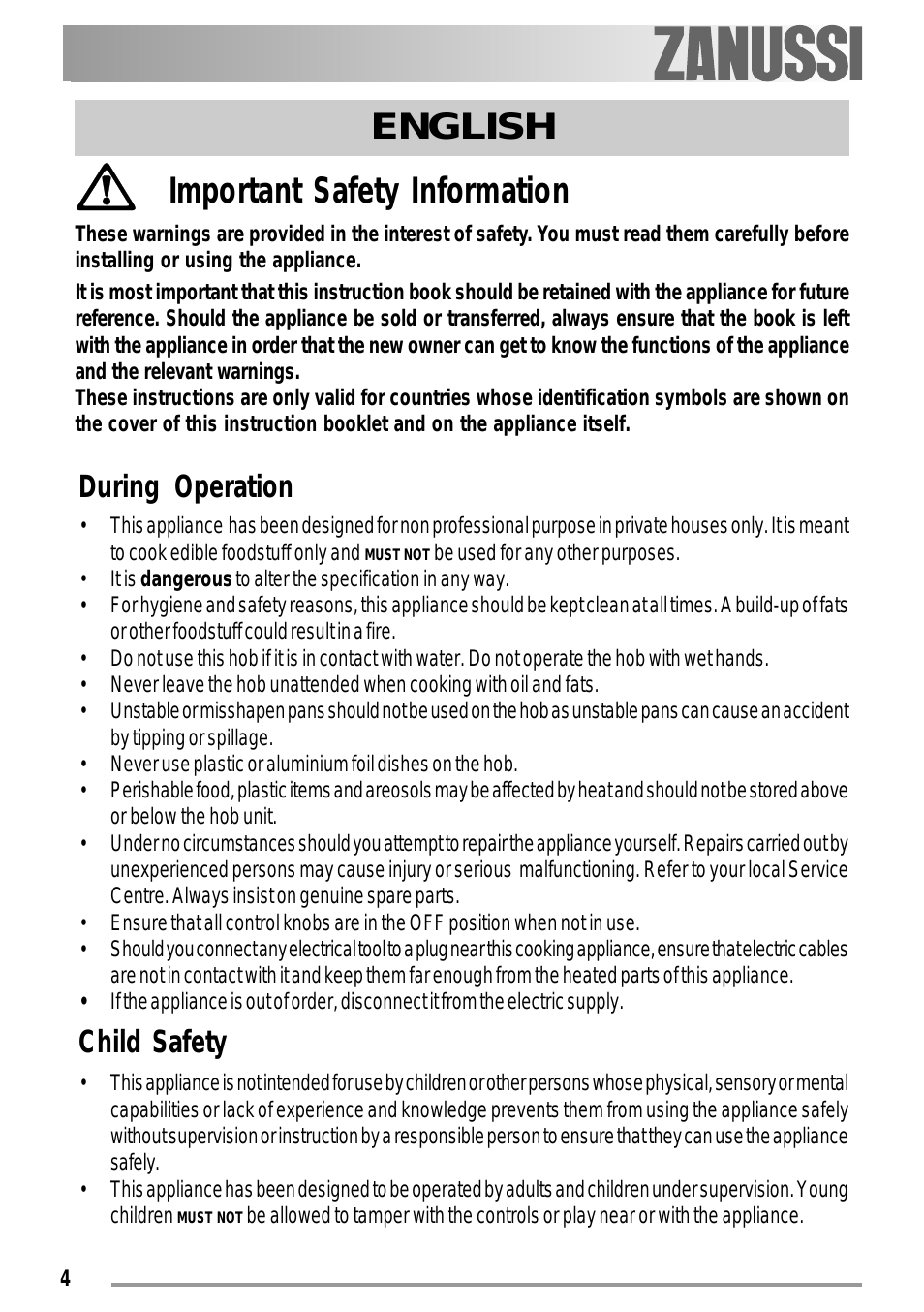 Important safety information english, During operation, Child safety