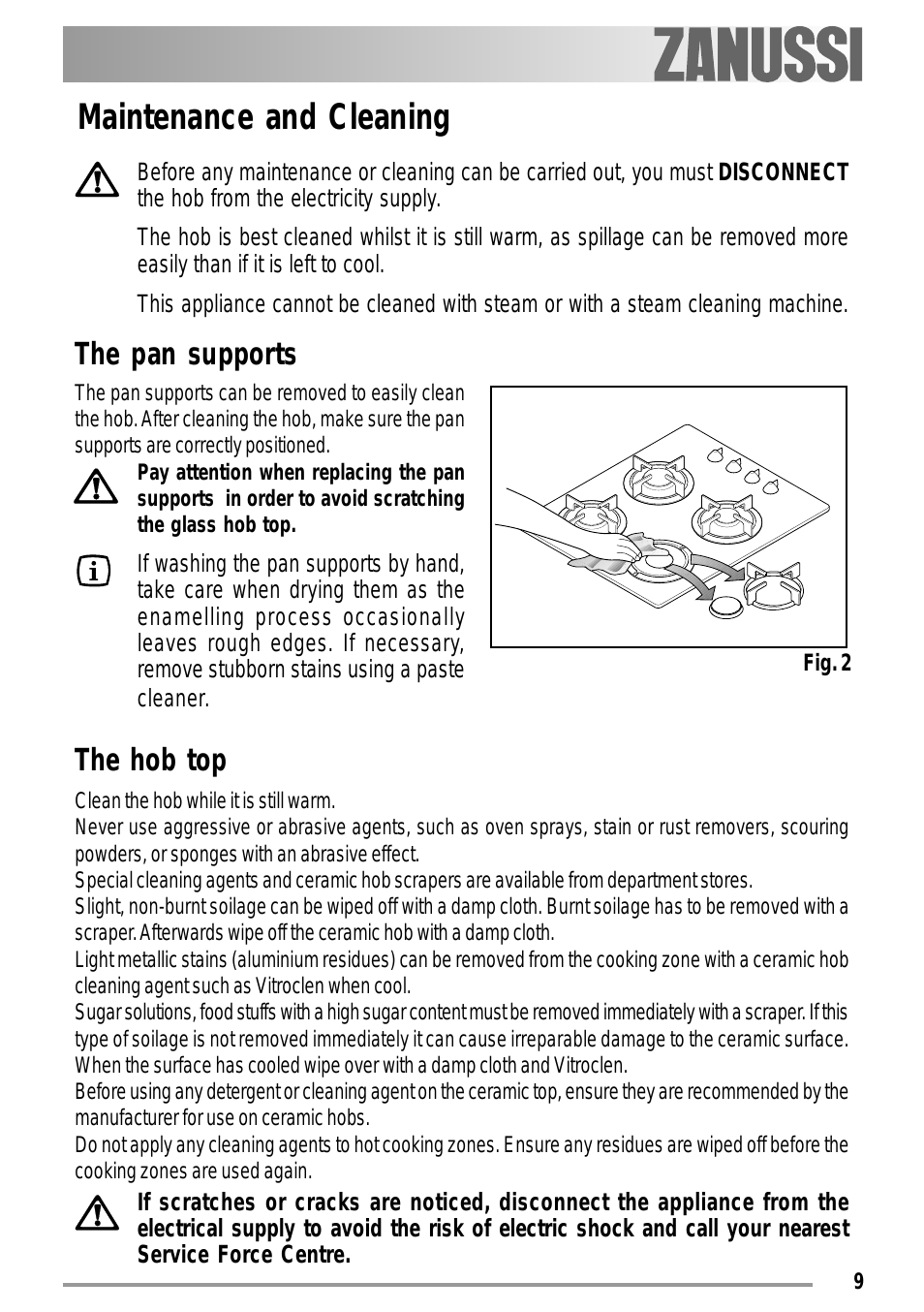 Maintenance and cleaning, The pan supports, The hob top