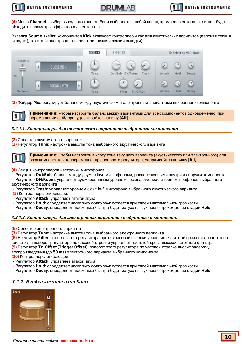Ячейка компонентов snare, Musicmanuals.ru