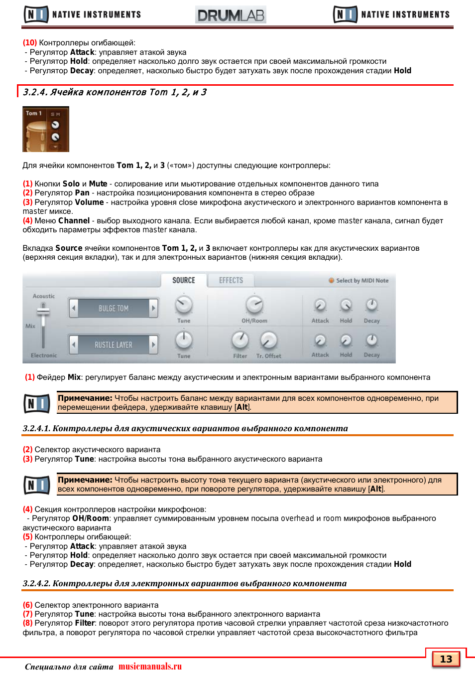 Ячейка компонентов tom 1, 2, и 3, Musicmanuals.ru
