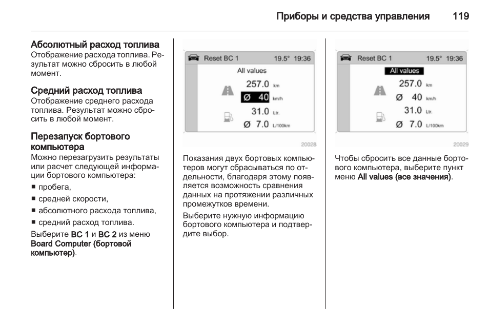 Абсолютный расход топлива, Средний расход топлива, Перезапуск бортового компьютера