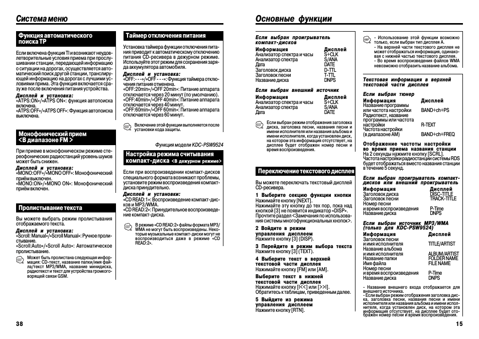Основные функции, Система меню
