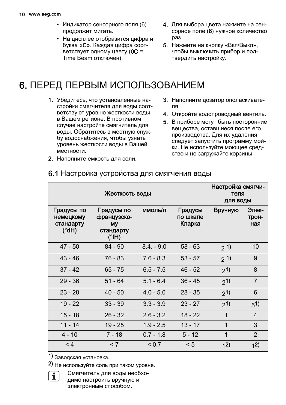 Перед первым использованием, 1 настройка устройства для смягчения воды