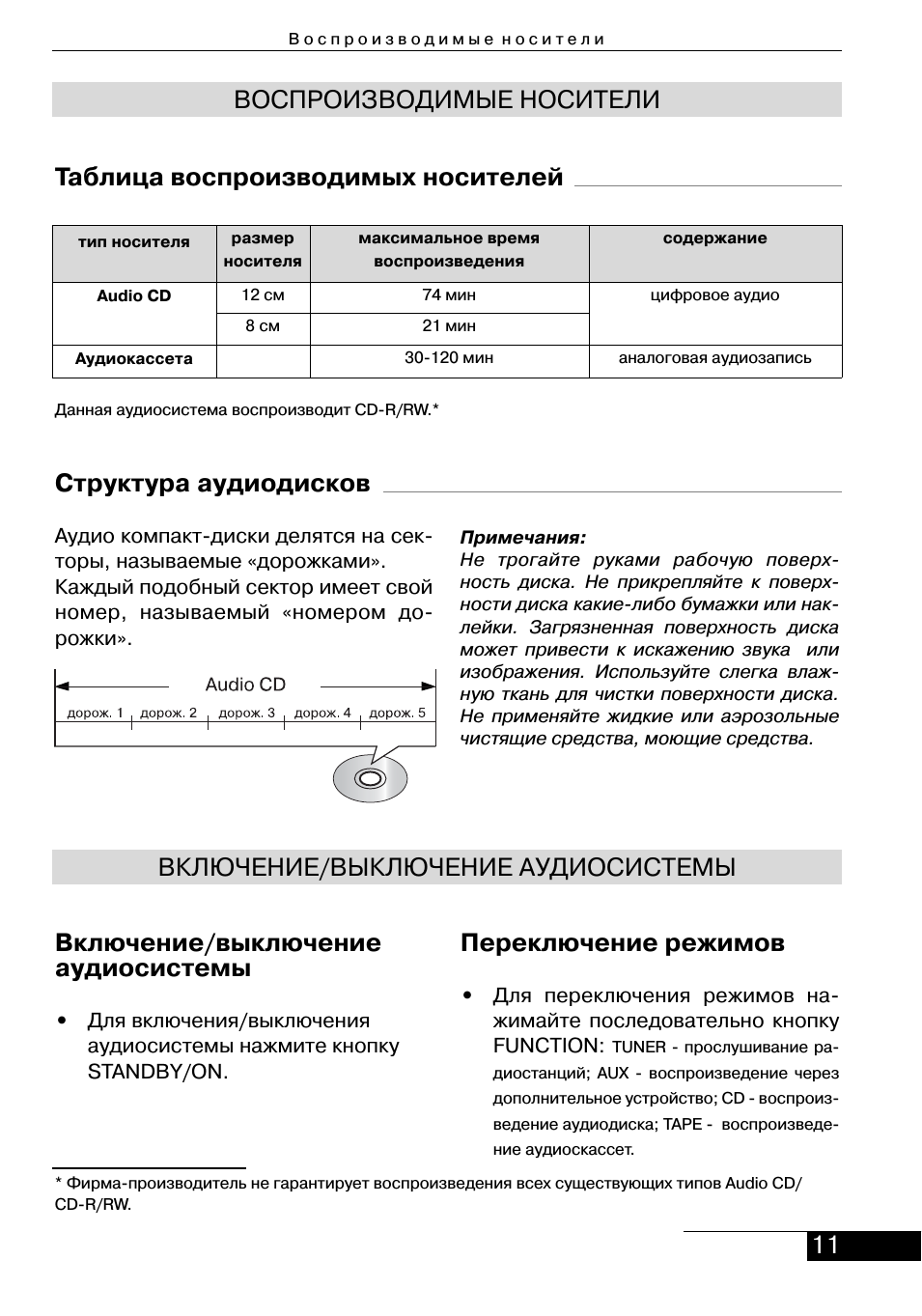 11 воспроизводимые носители структура аудиодисков, Включение/выключение аудиосистемы, Переключение режимов