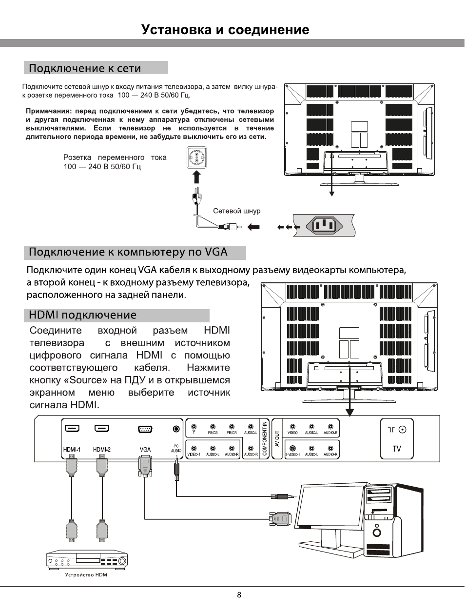 Подключение к сети, Подключение к компьютеру по vga, Установка и соединение