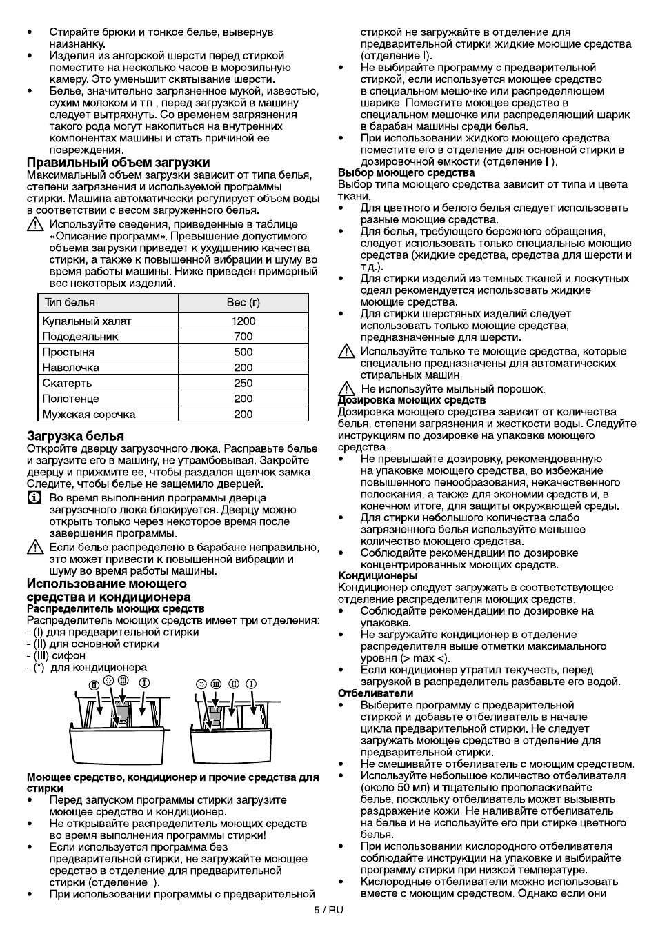 Правильный объем загрузки, Загрузка белья, Использование мою1цего