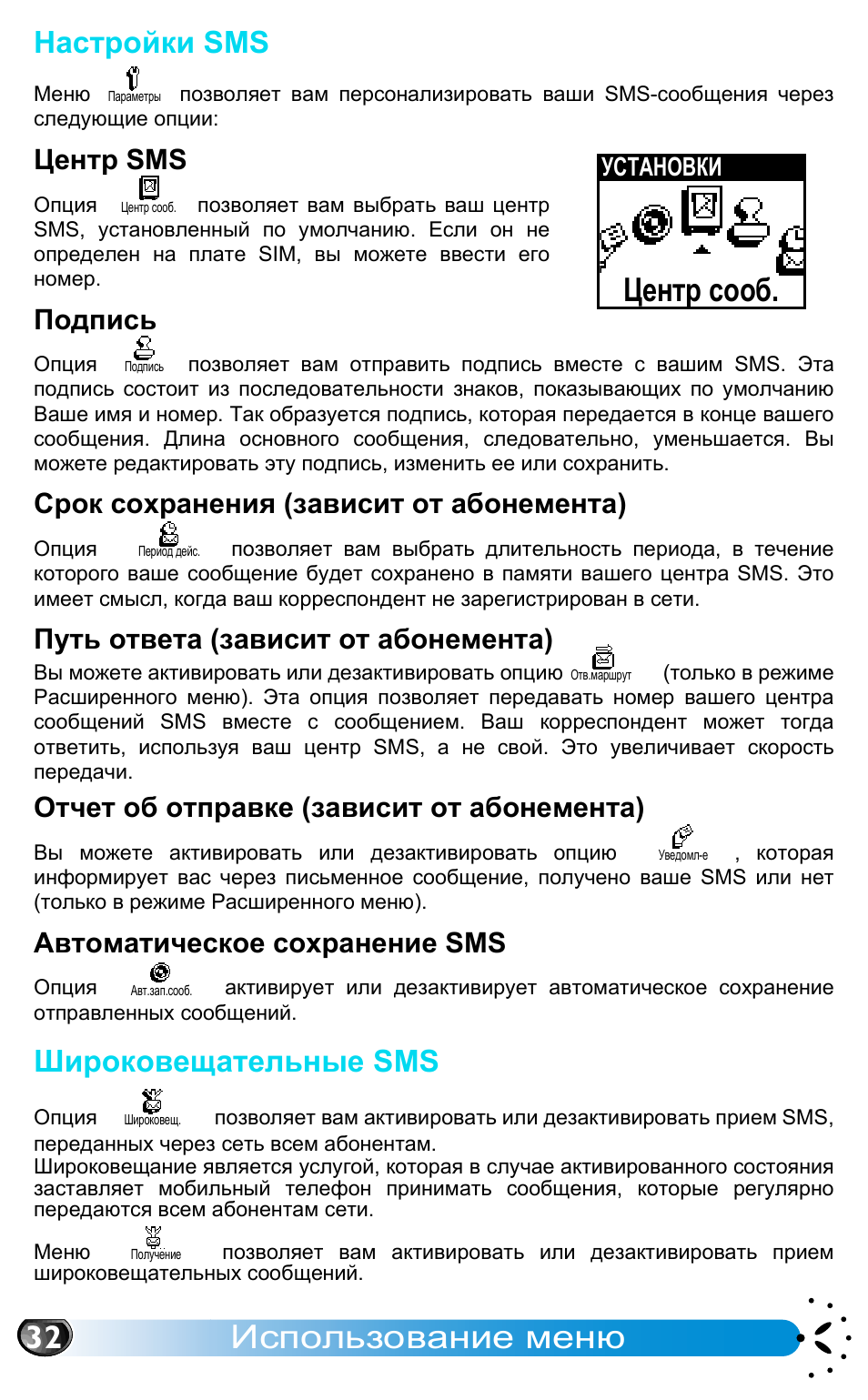 Настройки sms, Центр sms, Подпись