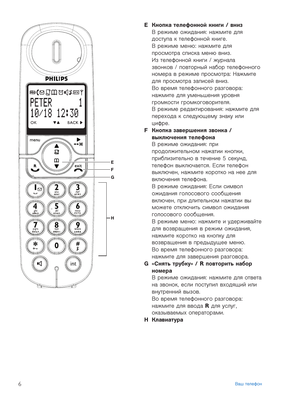 F E G H E Кнопка телефонной книги...