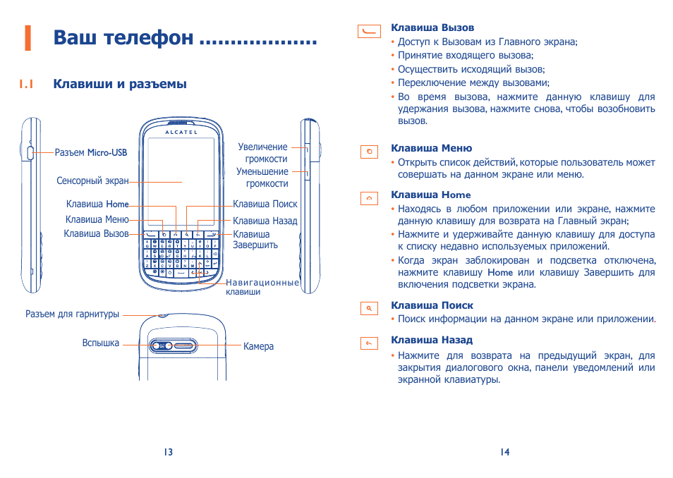 1 ваш телефон, 1 клавиши и разъемы, Ваш телефон