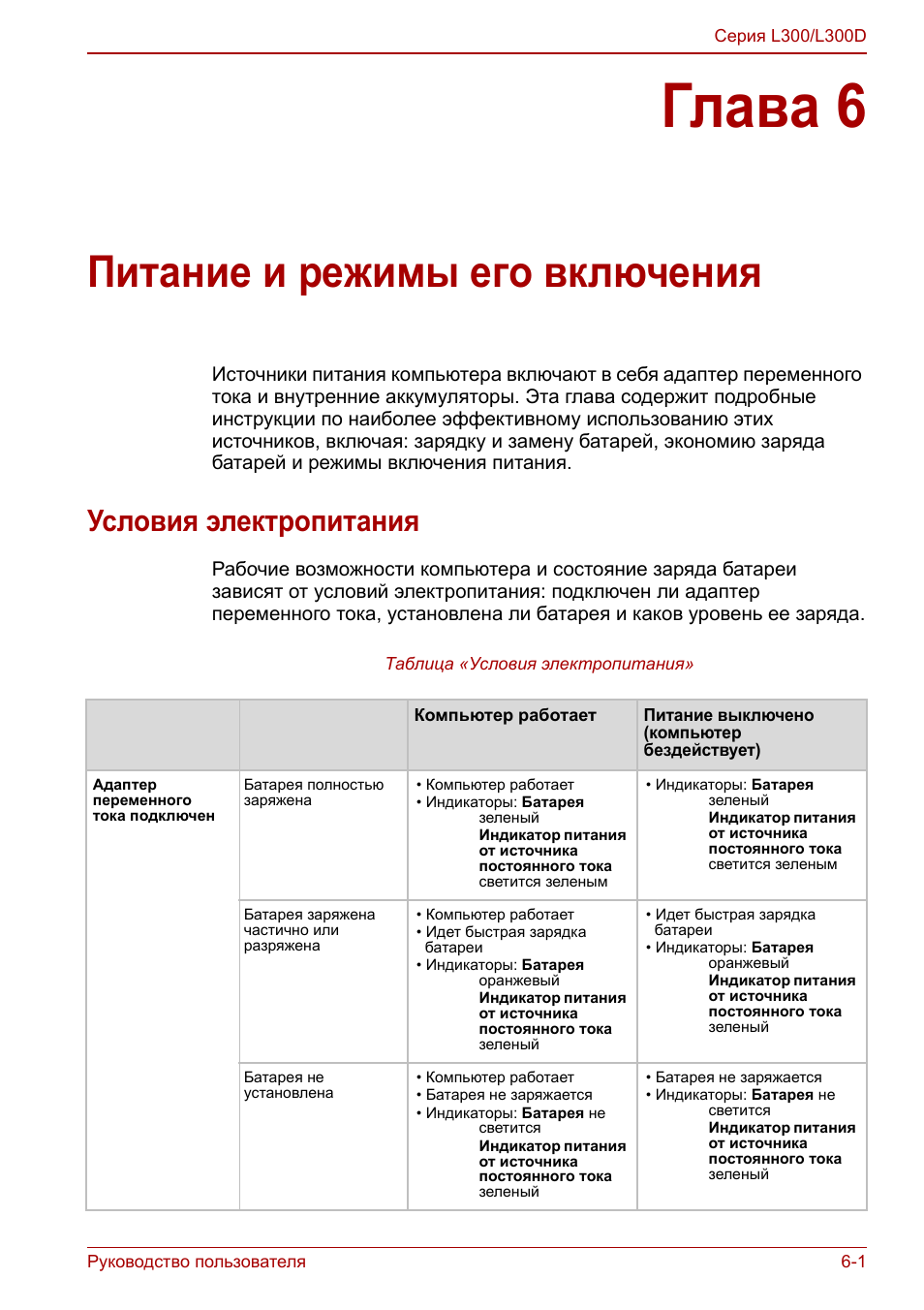 Глава 6 - питание и режимы его включения, Условия электропитания, Глава 6