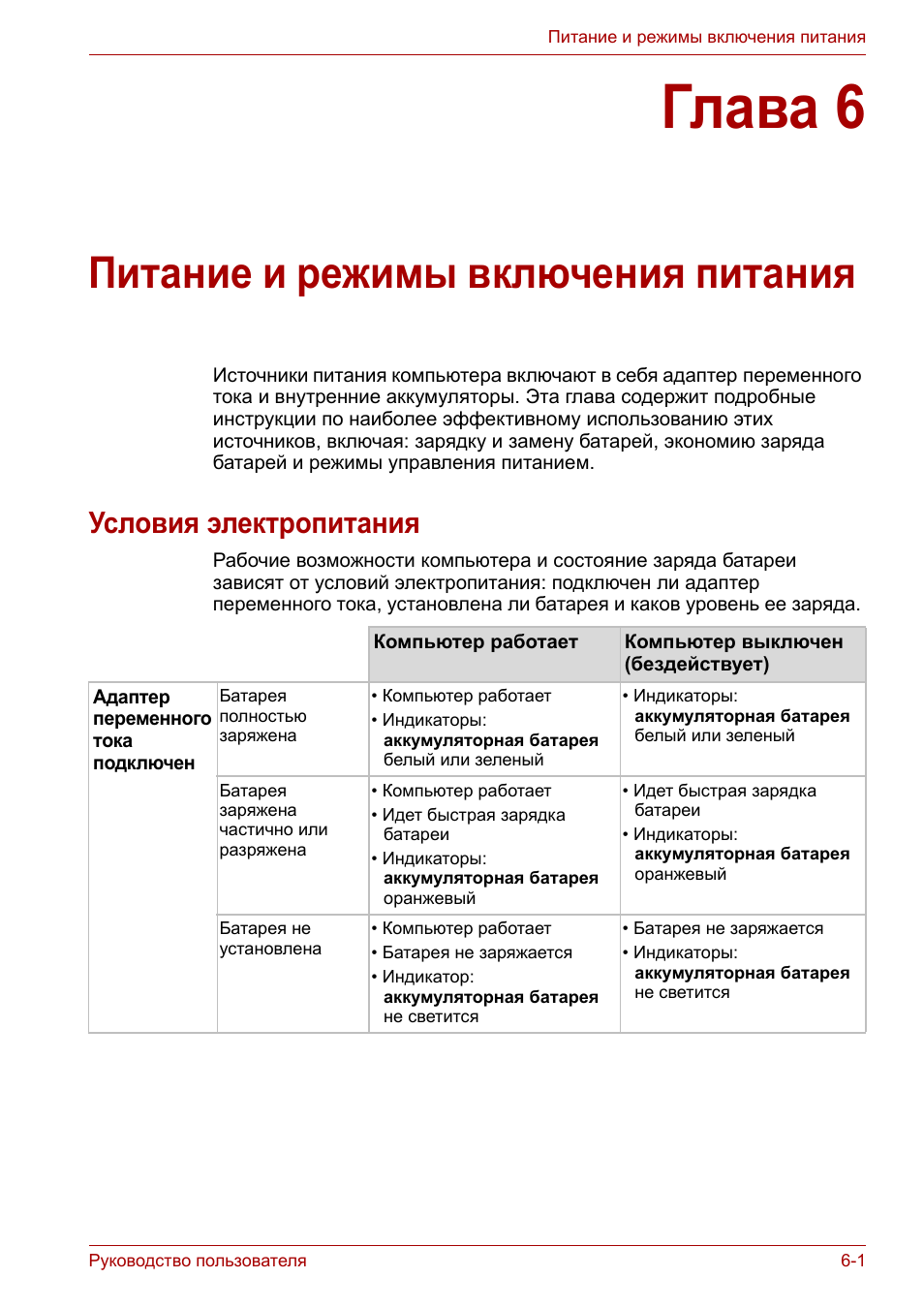 Глава 6: питание и режимы включения питания, Условия электропитания, Глава 6