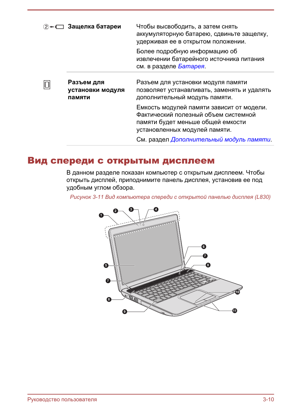 Вид спереди с открытым дисплеем, Вид спереди с открытым дисплеем -10