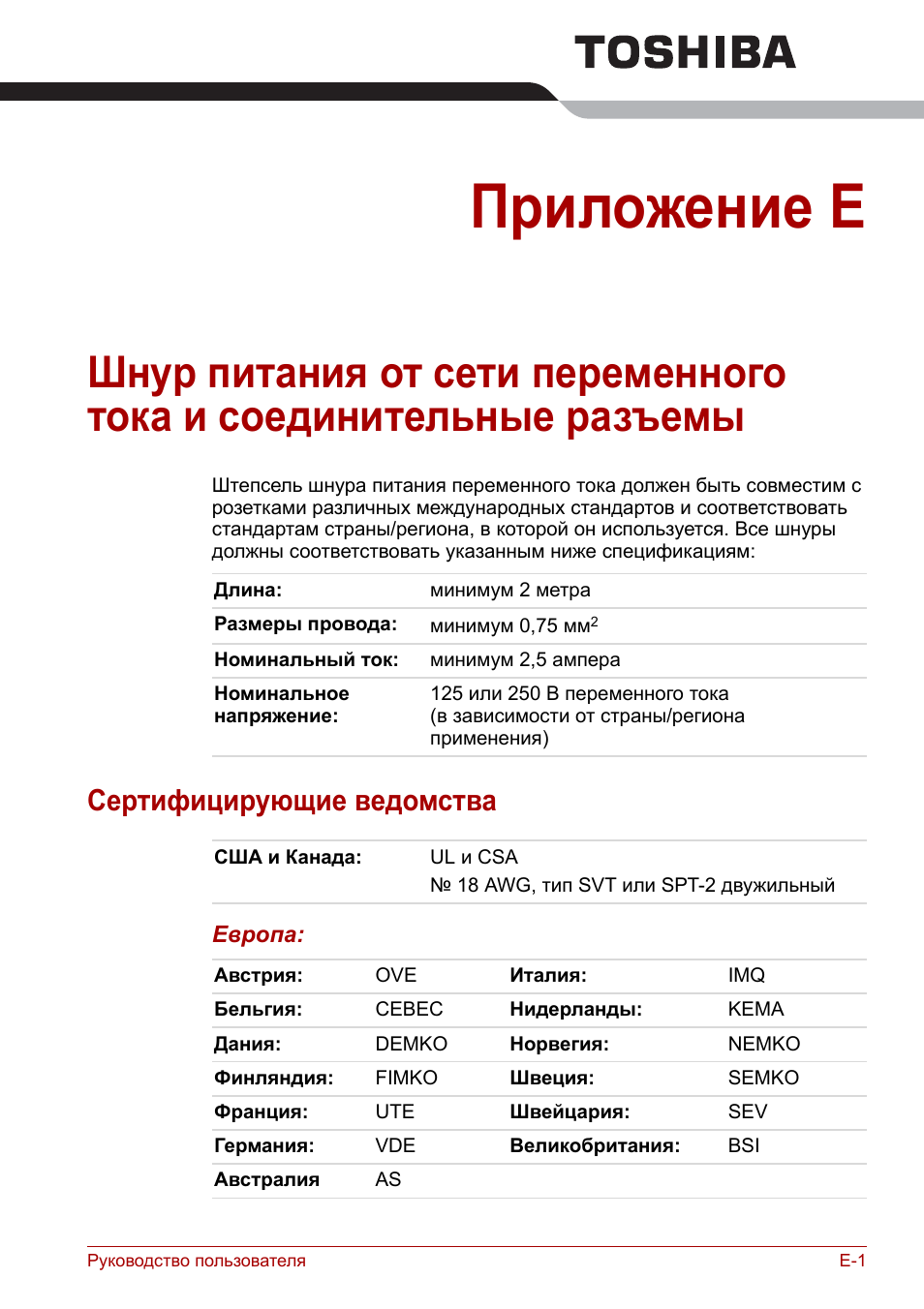 Приложение e, Сертифицирующие ведомства