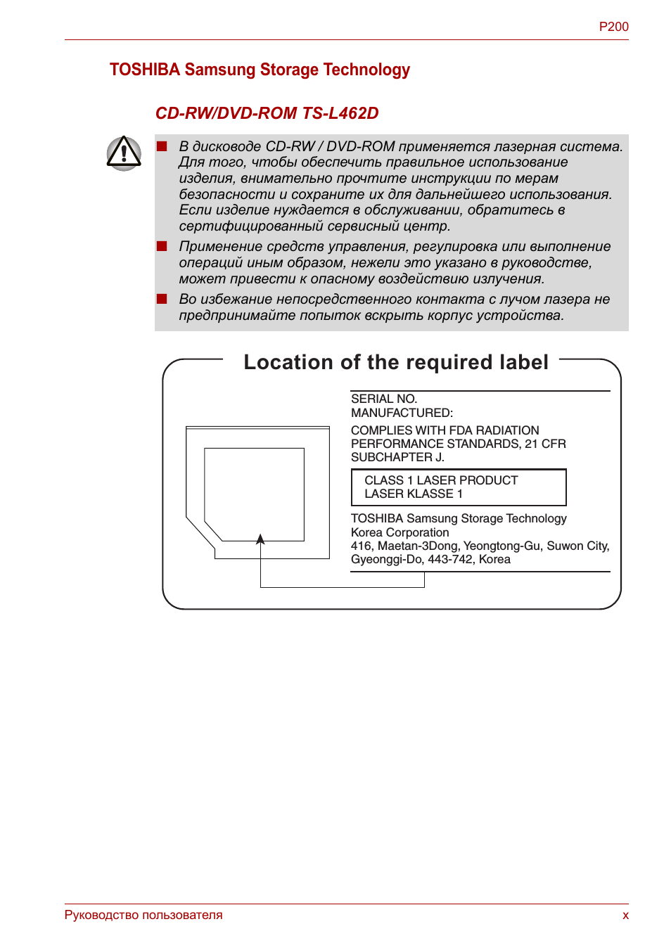 Location of the required label, Toshiba samsung storage technology