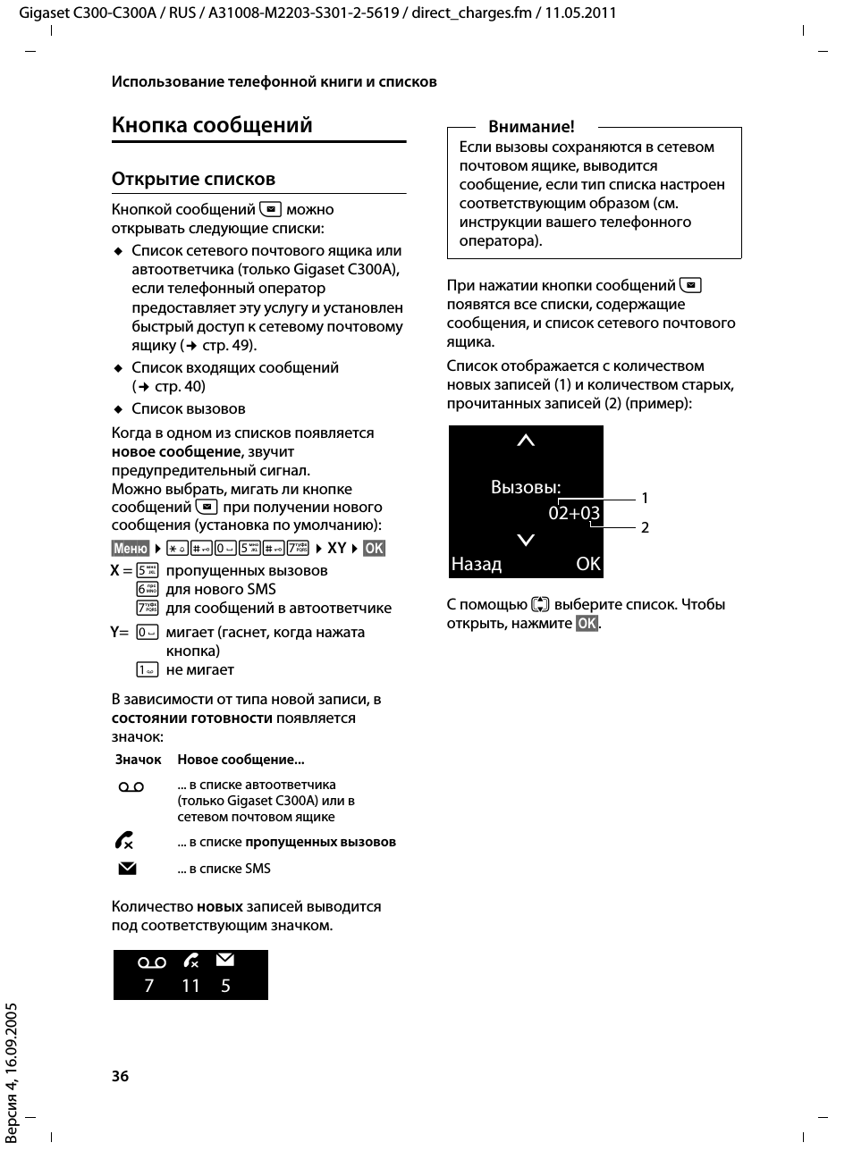 Кнопка сообщений, Открытие списков, Bызовы: 02+03