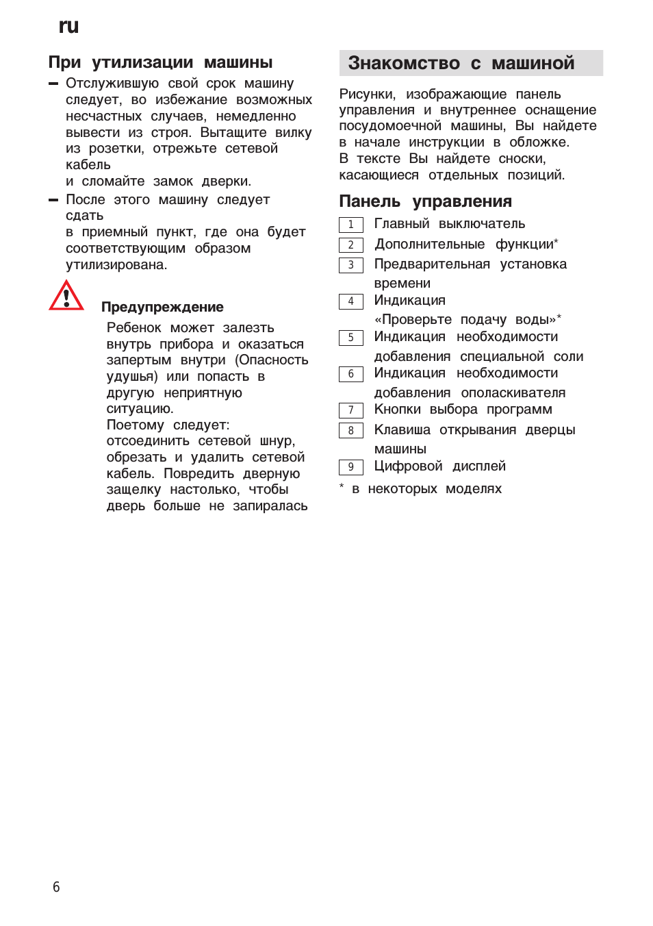 При утилизации машины, Знакомство с машиной, Панель управления