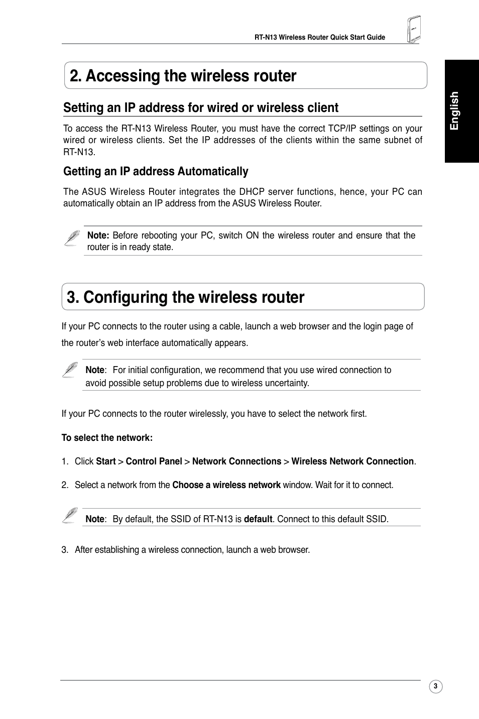 Accessing the wireless router, Configuring the wireless router, Setting an ip address for wired or wireless client