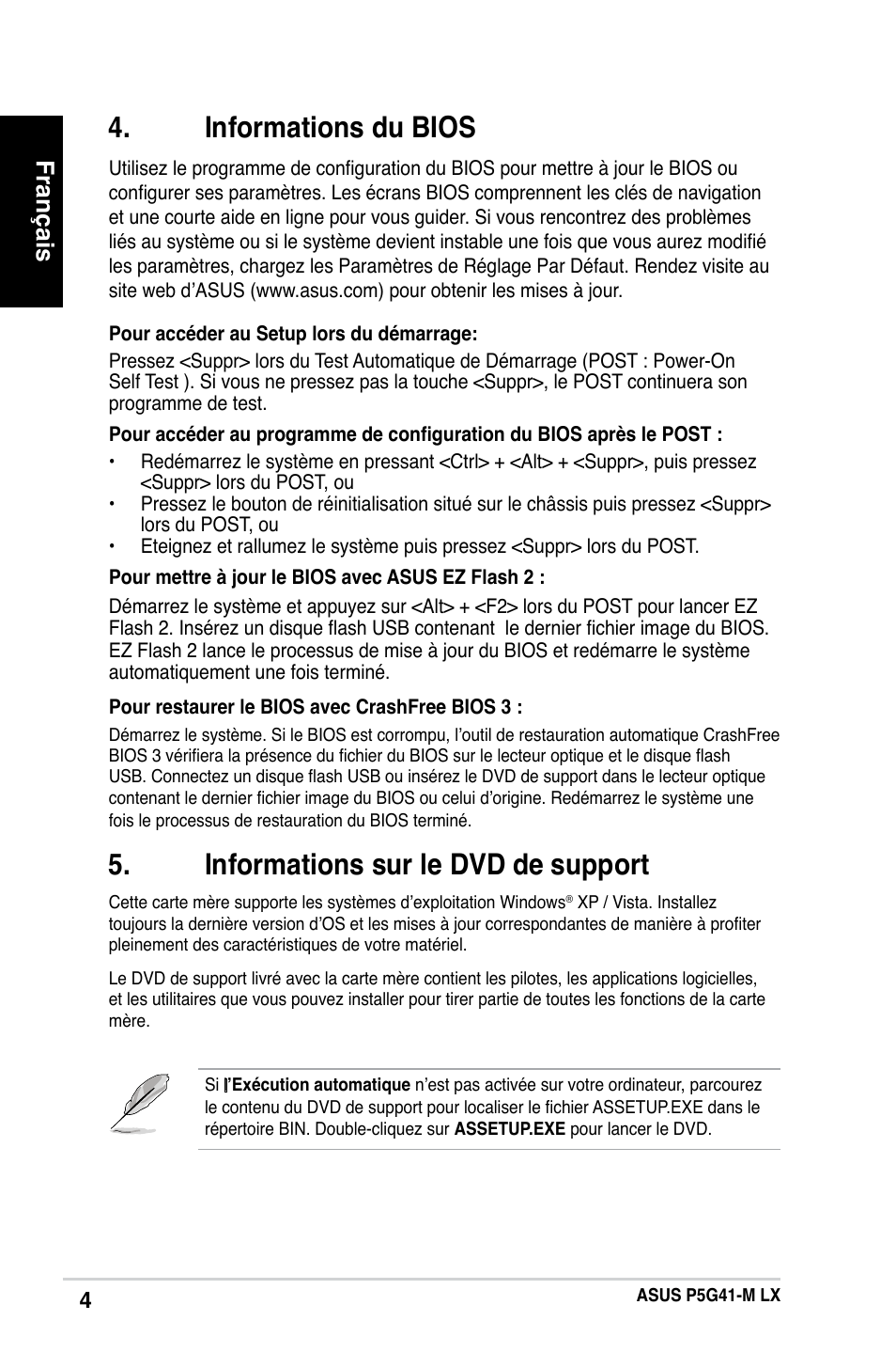 Informations du bios, Informations sur le dvd de support, Français