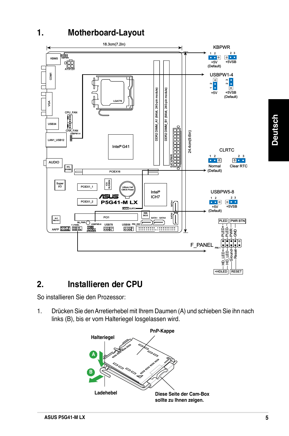 Motherboard-layout 2. installieren der cpu, Deutsch, F_panel