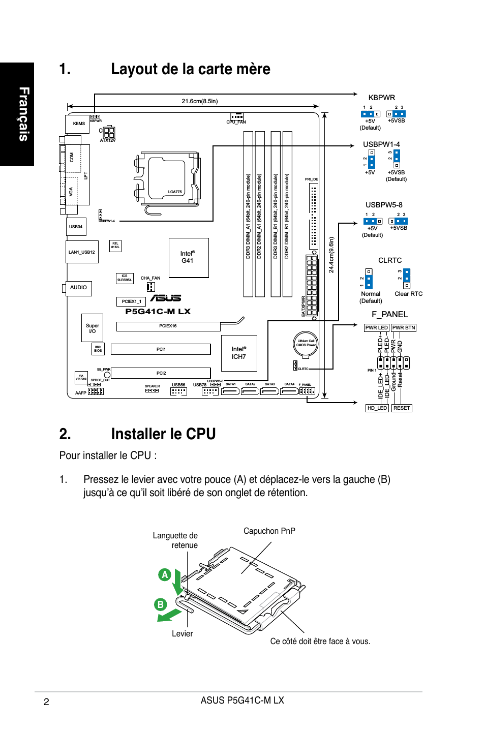 Installer le cpu, Layout de la carte mère, Français
