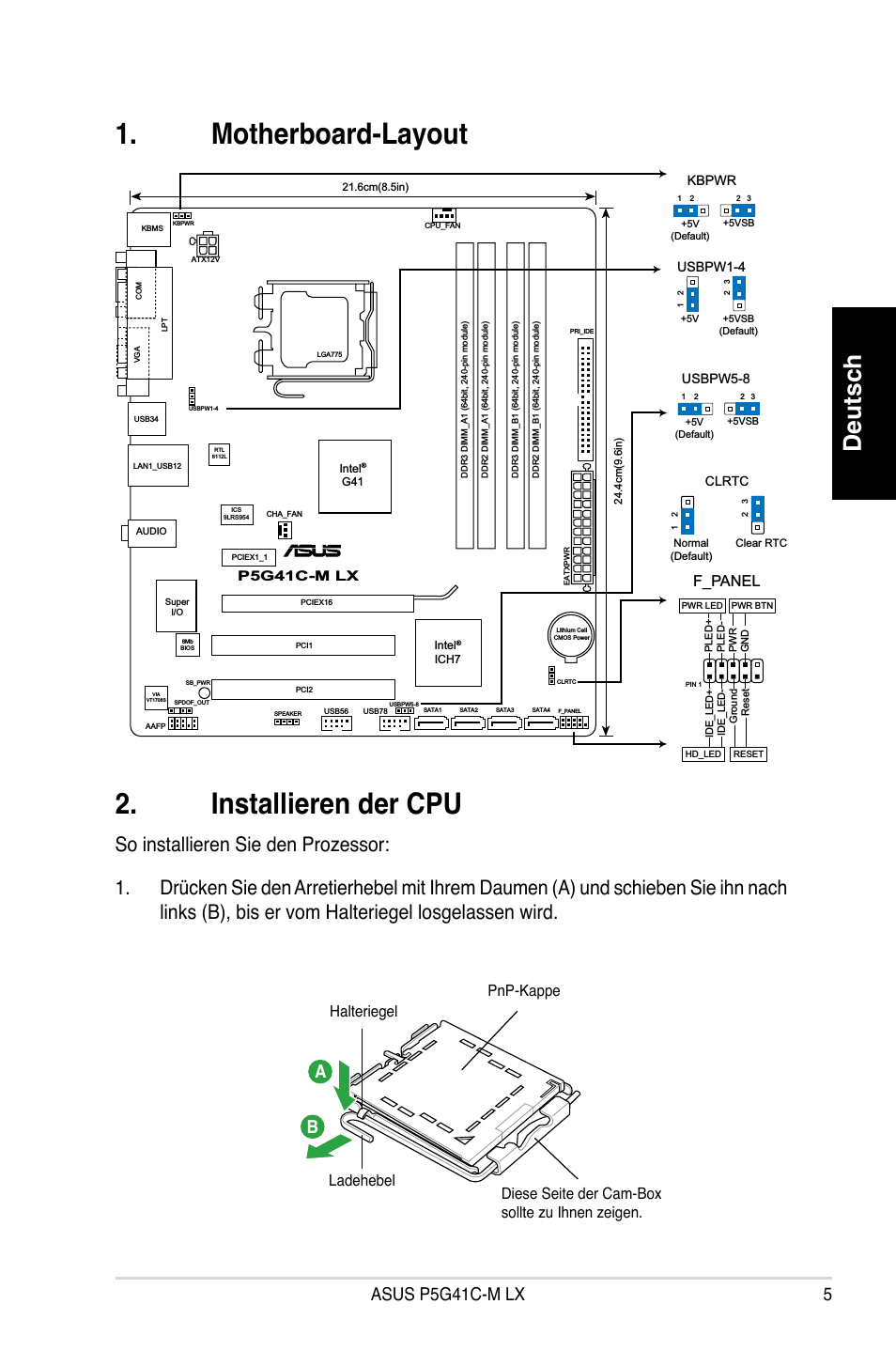 Motherboard-layout 2. installieren der cpu, Deutsch, Asus p5g41c-m lx a b