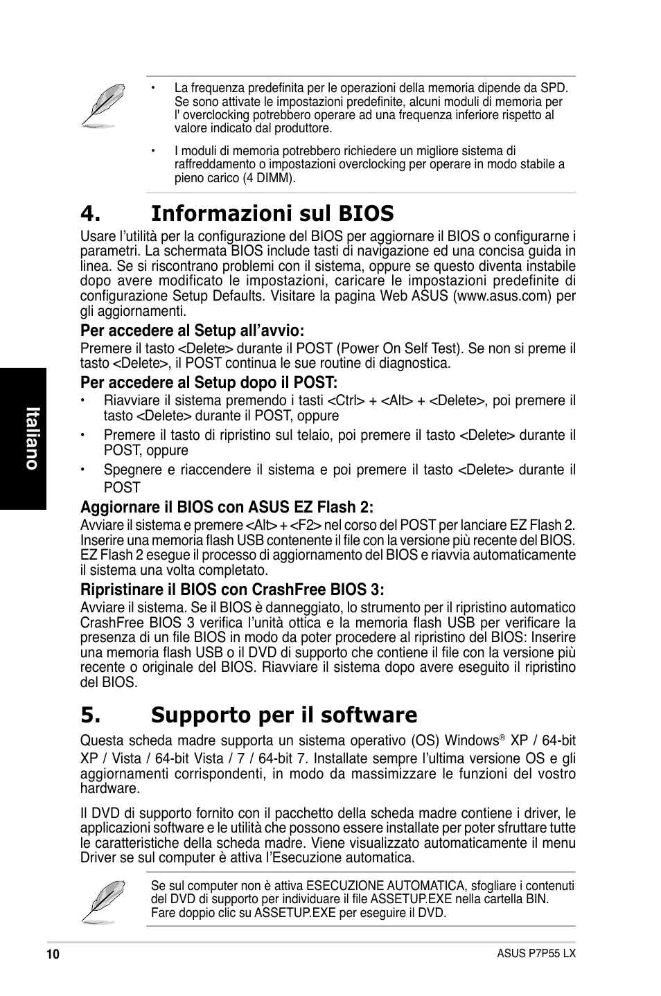 Informazioni sul bios, Supporto per il software, Italiano