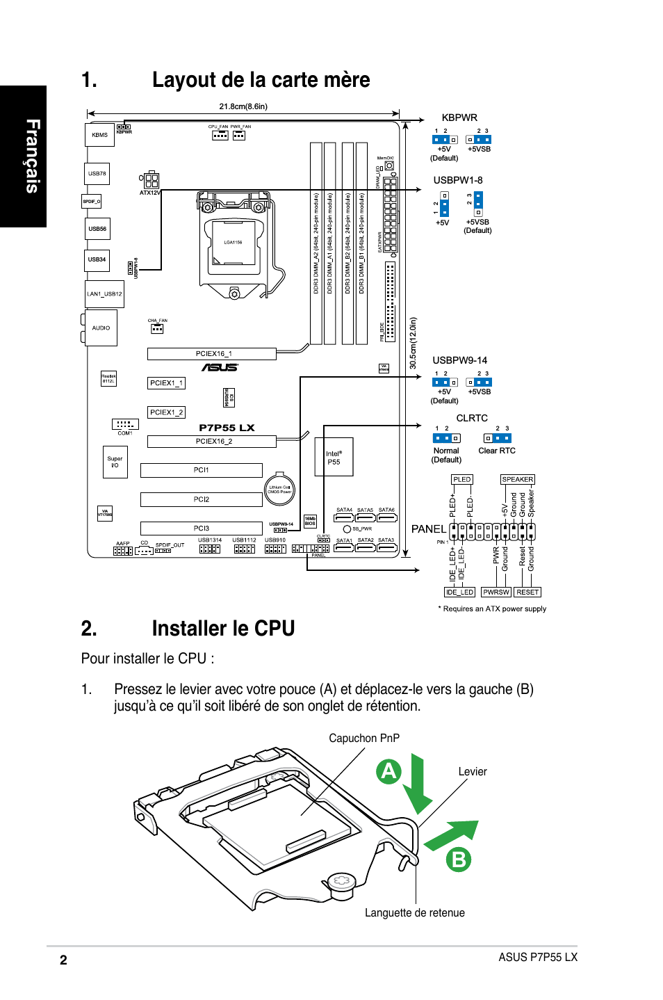 Installer le cpu, Layout de la carte mère, Français