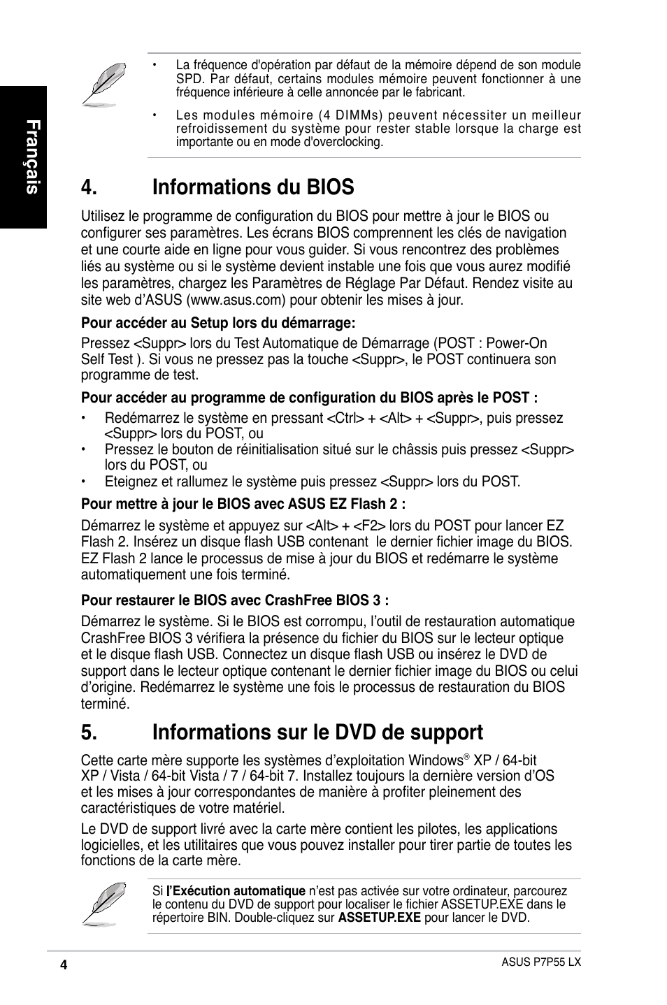 Informations du bios, Informations sur le dvd de support, Français