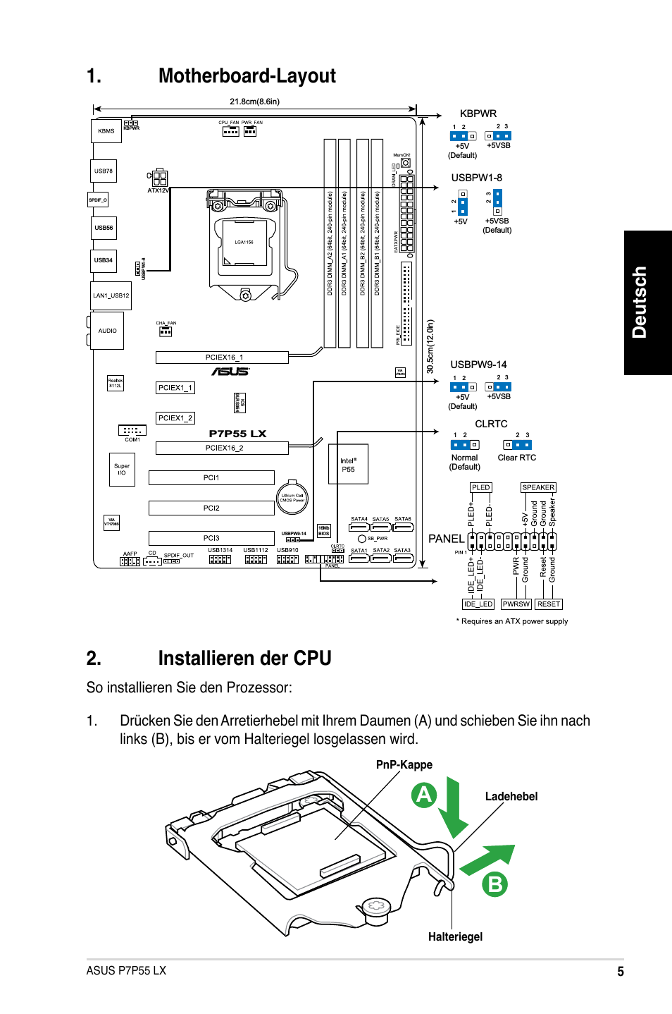 Motherboard-layout . installieren der cpu, Deutsch, Asus p7p55 lx