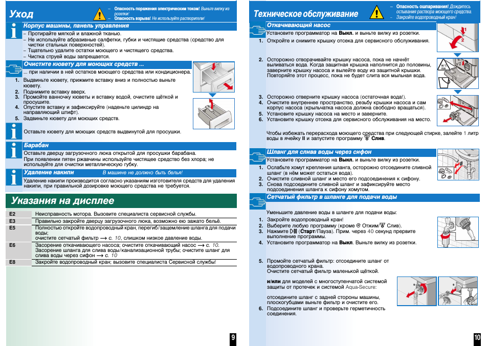 Корпус машины, панель управления, Очистите кювету для моющих средств, Барабан