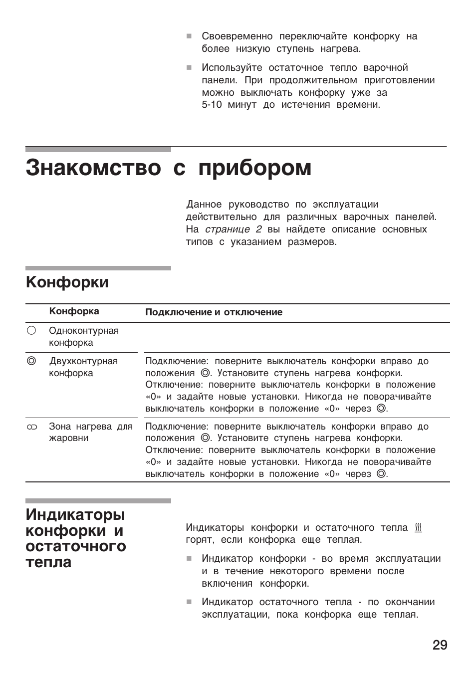 Знакомство с прибором, Конфорки, Индикаторы конфорки и