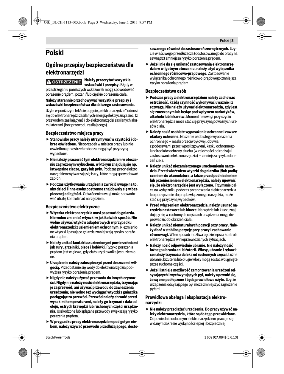 Polski, Ogólne przepisy bezpieczeństwa dla elektronarzędzi