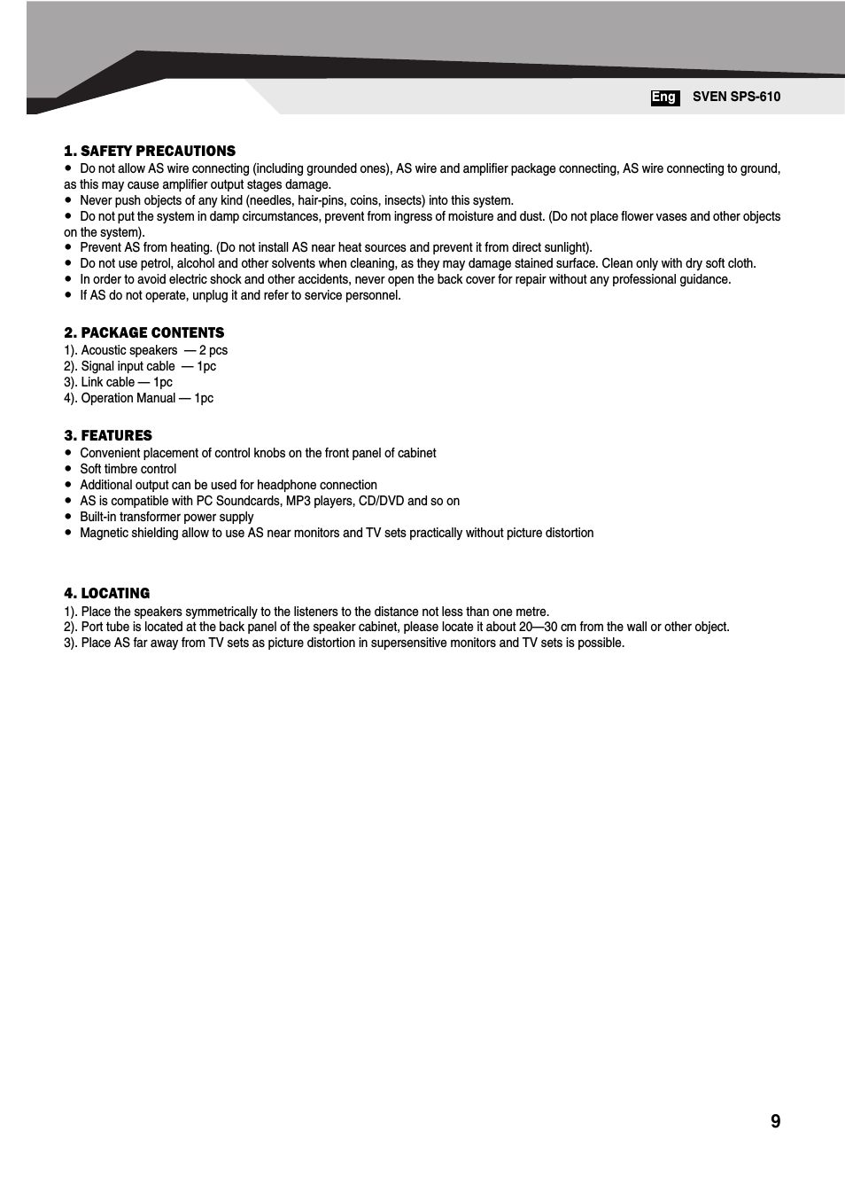 Safety precautions, Package contents, Features