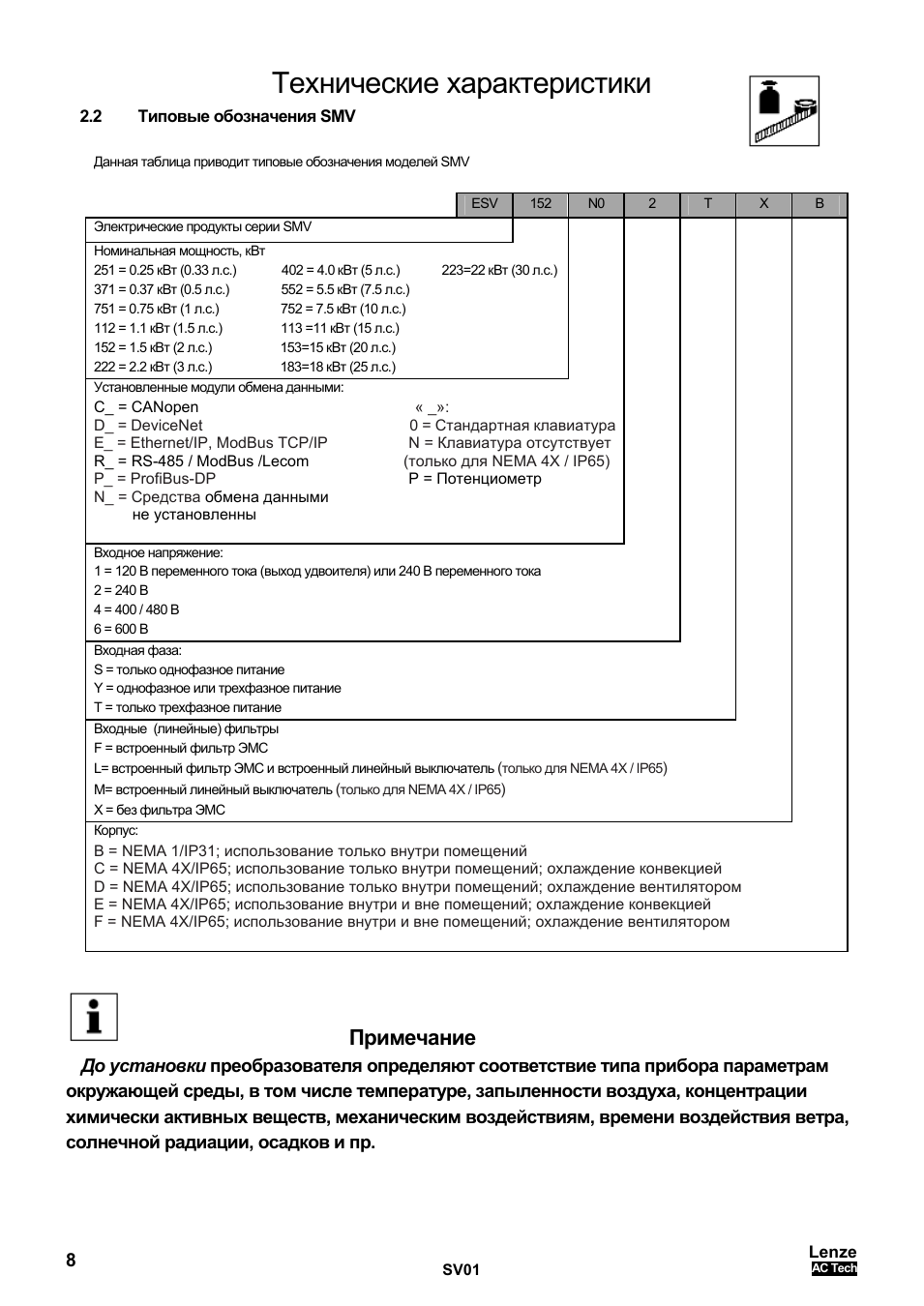 Технические характеристики, Примечание