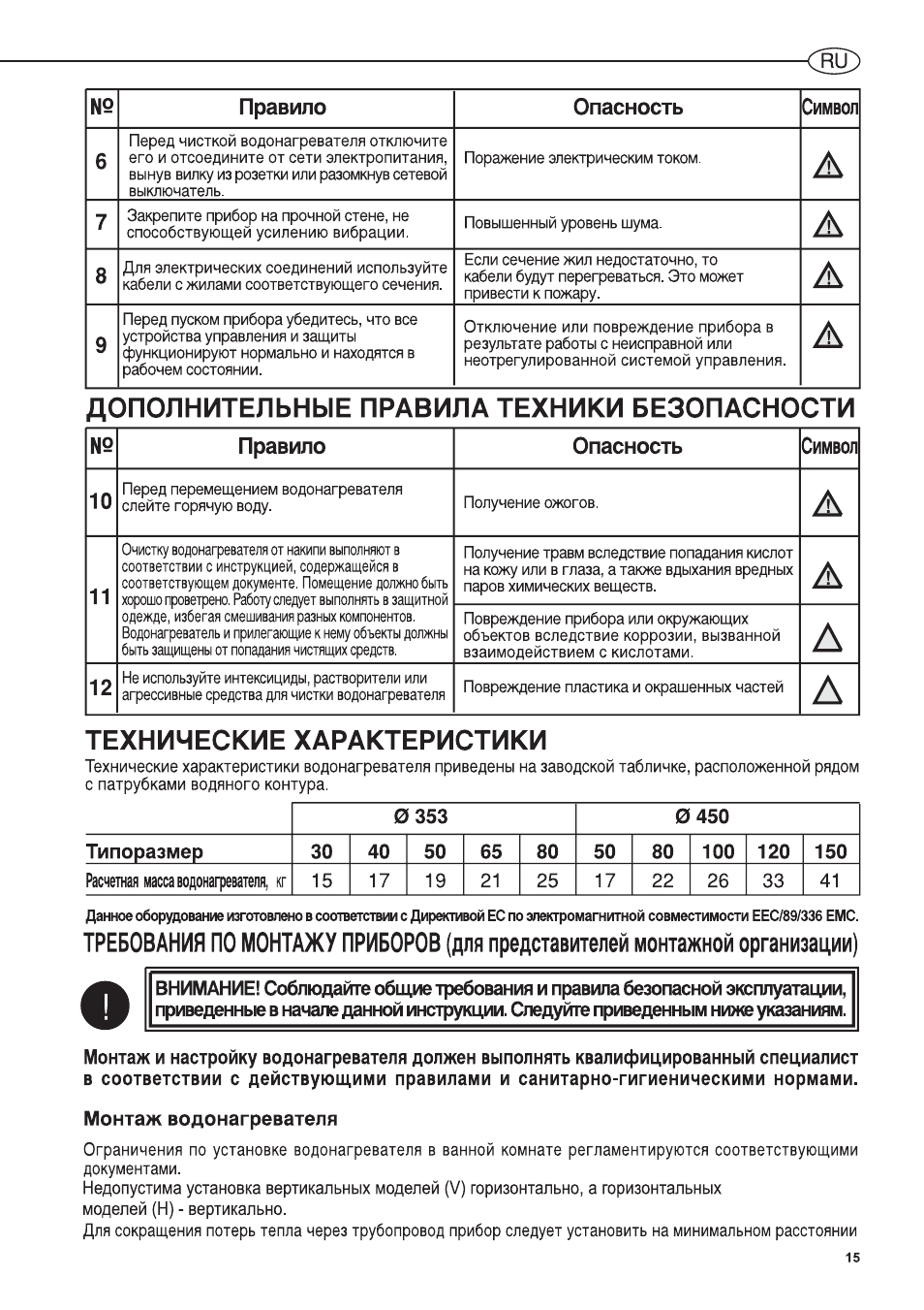 Монтаж водонагревателя, Дополнительные правила техники безопасности, Технические характеристики