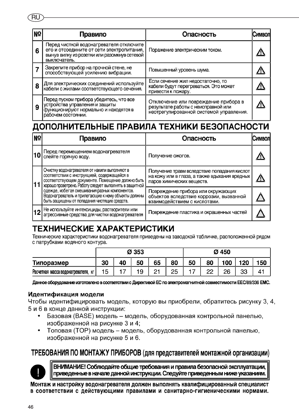Дополнительные правила техники безопасности, Идентификация модели, Технические характеристики