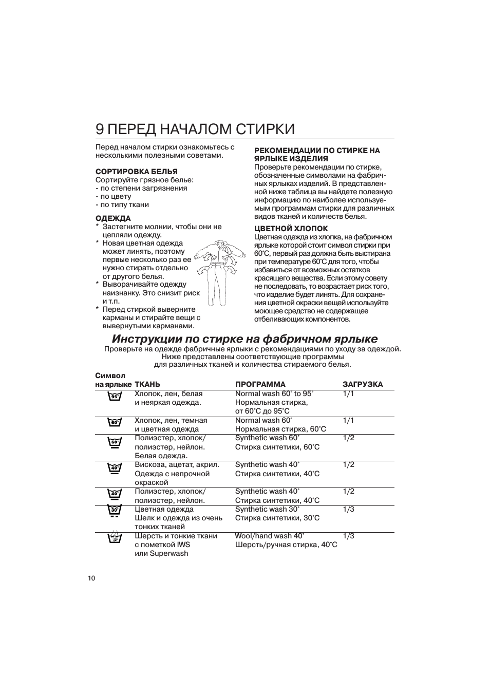 9 перед началом стирки, Инструкции по стирке на фабричном ярлыке
