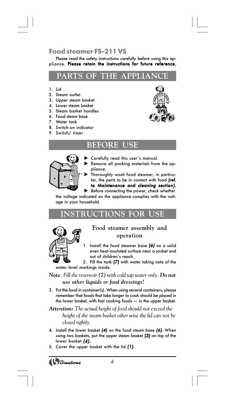 Parts of the appliance, Before use, Instructions for use